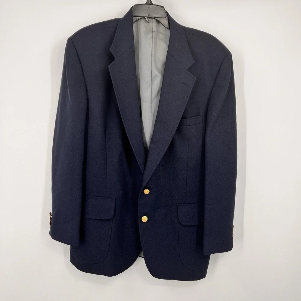 Stafford Men's 43R Navy Blue Double Breasted Blazer Jacket 3 Gold Buttons USA